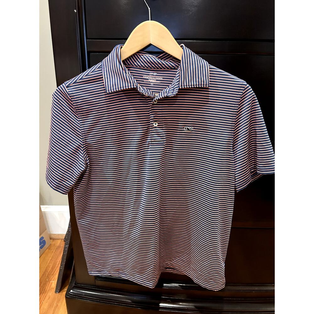 Vineyard Vine Polo Orange/Navy Stripe SanKaty Collection Boys Size XL(18 Auburn
